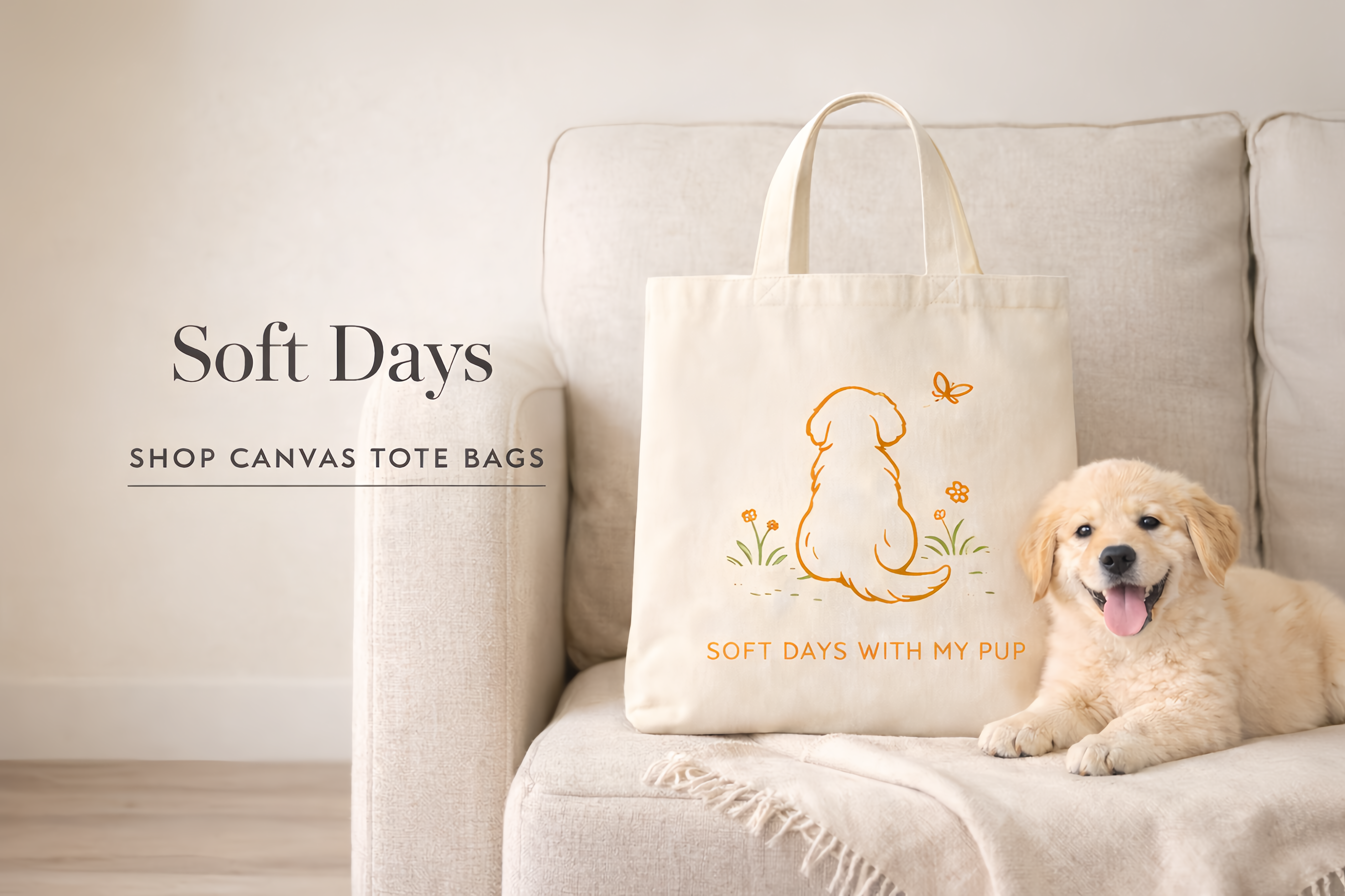 pet home decor set featuring a golden retriever puppy, including a personalized tote bag, mug, and cushion in a cozy living room
