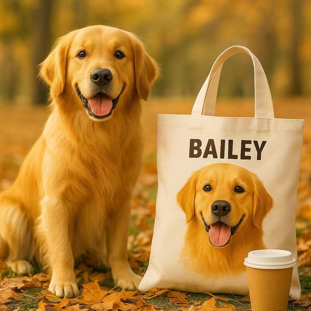 A smiling golden retriever sits on autumn leaves beside a personalized canvas tote bag printed with its photo and the name “Bailey,” with a coffee cup in front.