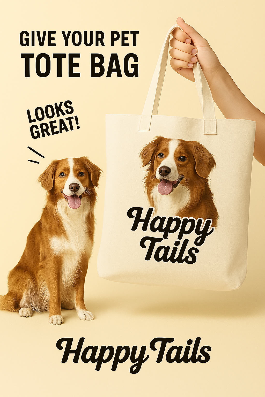 Brown and White Dog Tote Bag – “Happy Tails” Canvas Bag, Custom Pet Lover Gift, Dog Portrait Bag