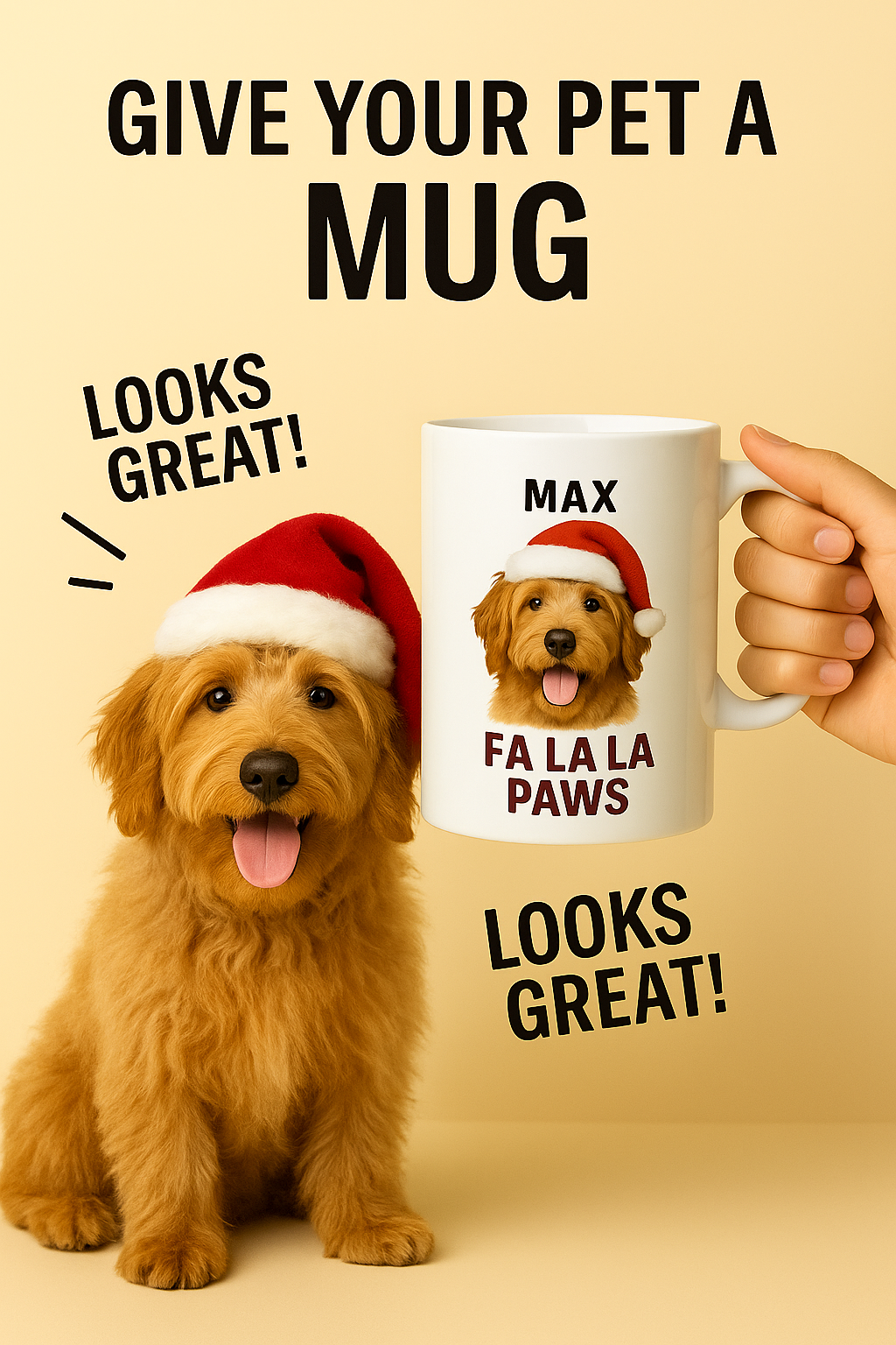 Christmas Dog Mug – Custom Pet Gift “FA LA LA PAWS” with Santa Hat