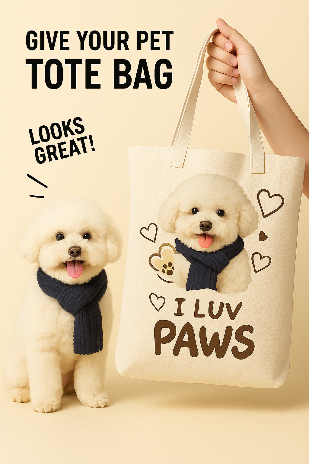 Custom Bichon Frise Tote Bag – Personalized Pet Portrait Canvas Bag with Name for Dog Lovers