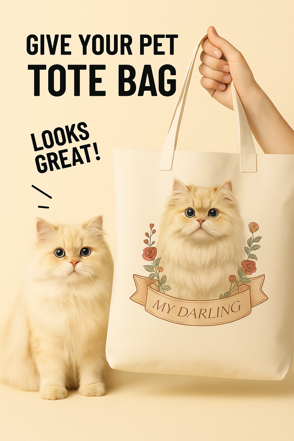 Custom Cat Portrait Tote Bag – Personalized Floral Canvas Bag with Pet Name & Illustration for Cat Lovers