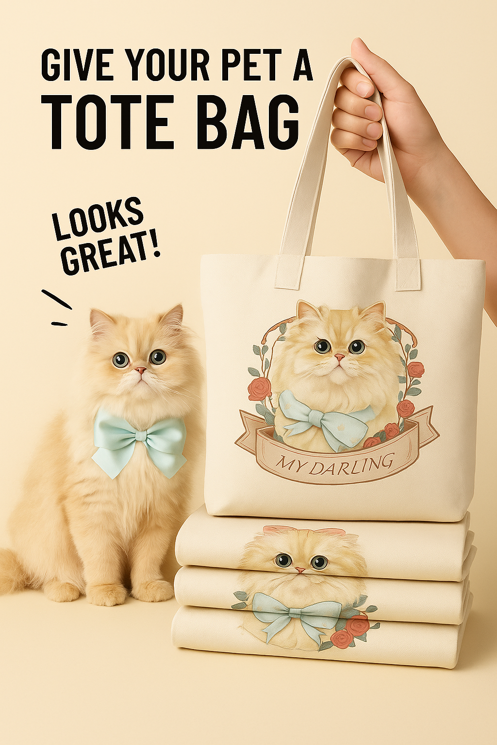 Custom Cat Tote Bag – Personalized Pet Portrait Canvas Bag with Name & Floral Wreath, Gift for Cat Lovers