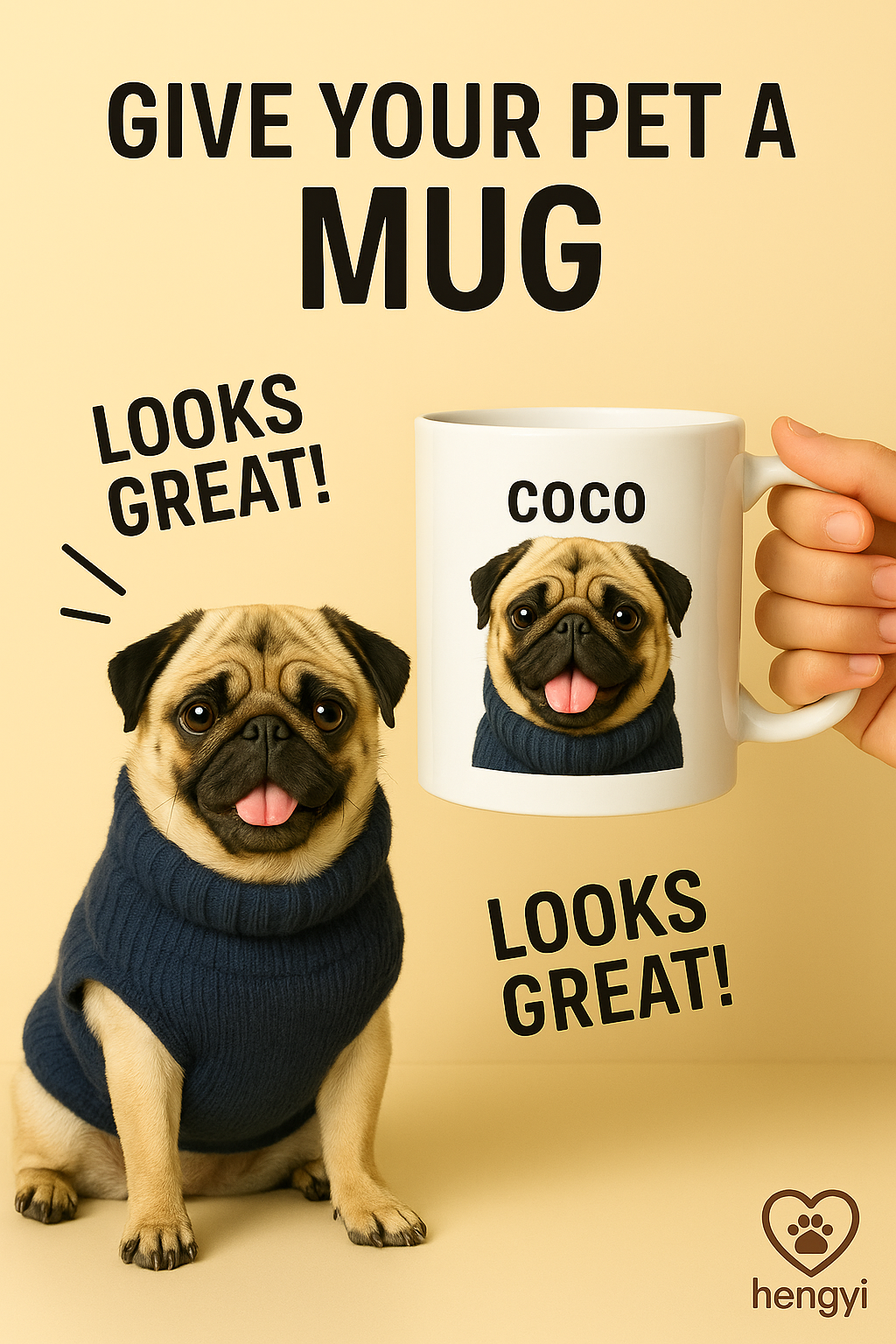 Custom Pug Mug with Sweater – Personalized Dog Mug with Name “COCO”