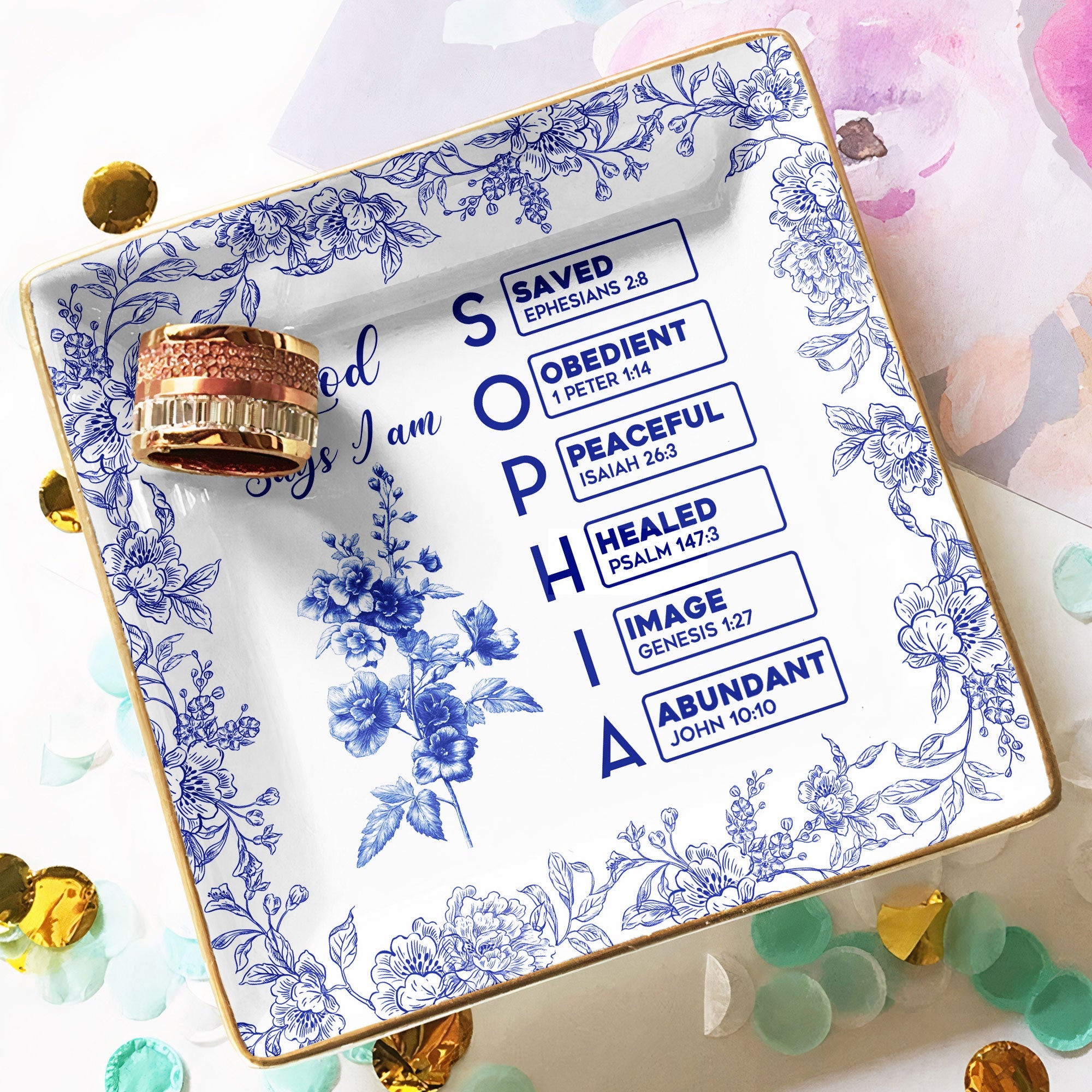 God Says I Am Name Letter In Bible Toile De Jouy Style - Personalized Jewelry Dish