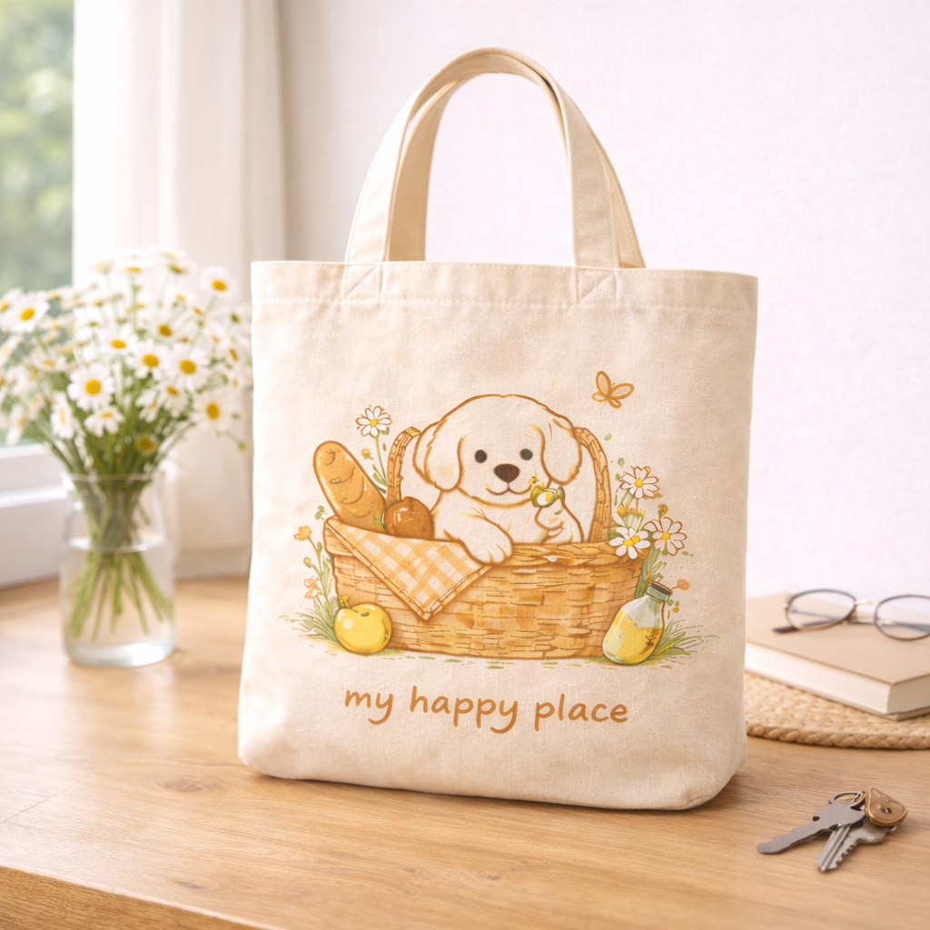 A woman wearing a beige sweater carrying the puppy picnic canvas tote bag outdoors.