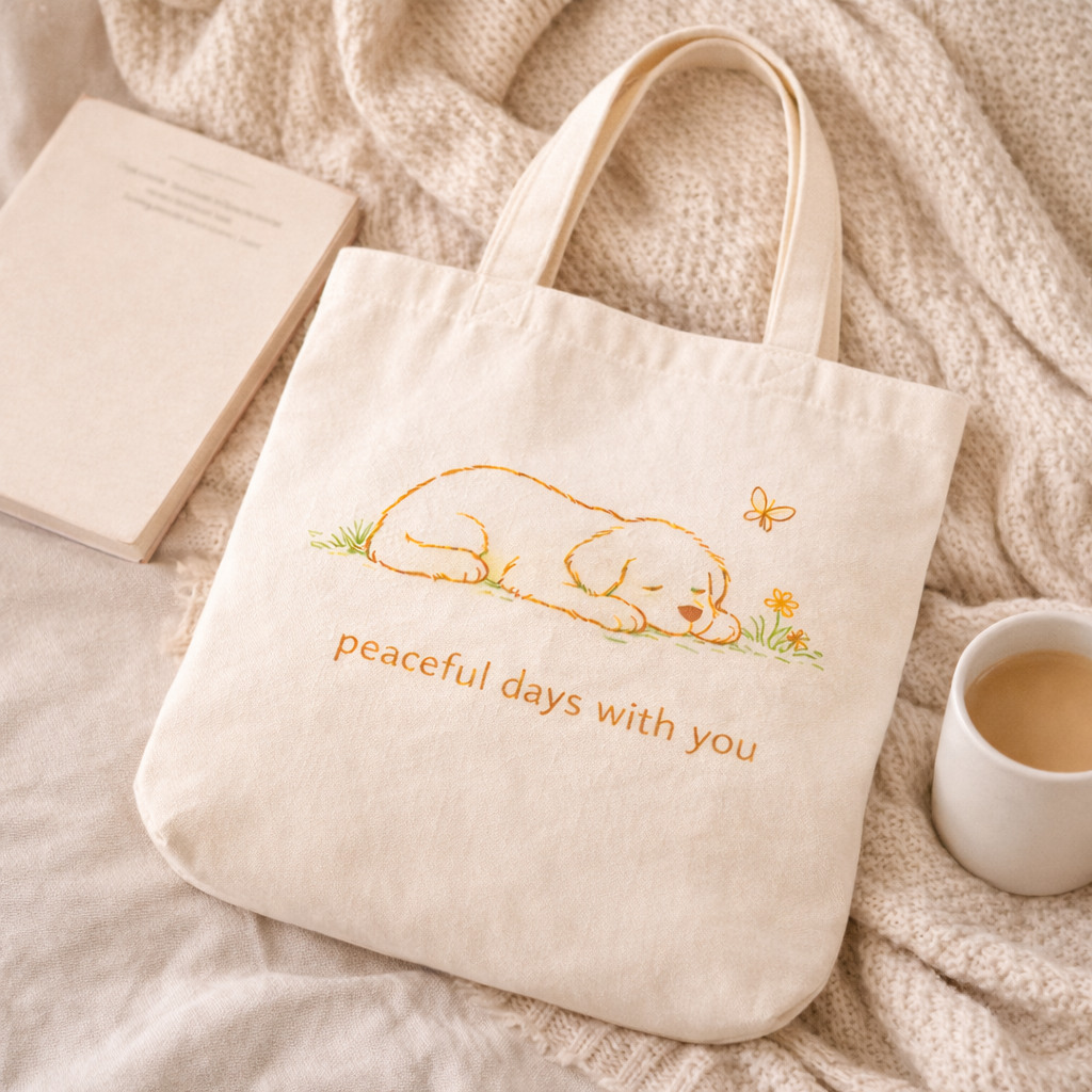 A cream-colored canvas tote bag with a sleeping Golden Retriever puppy illustration, styled on a cozy white knit blanket next to a book and a cup of coffee.