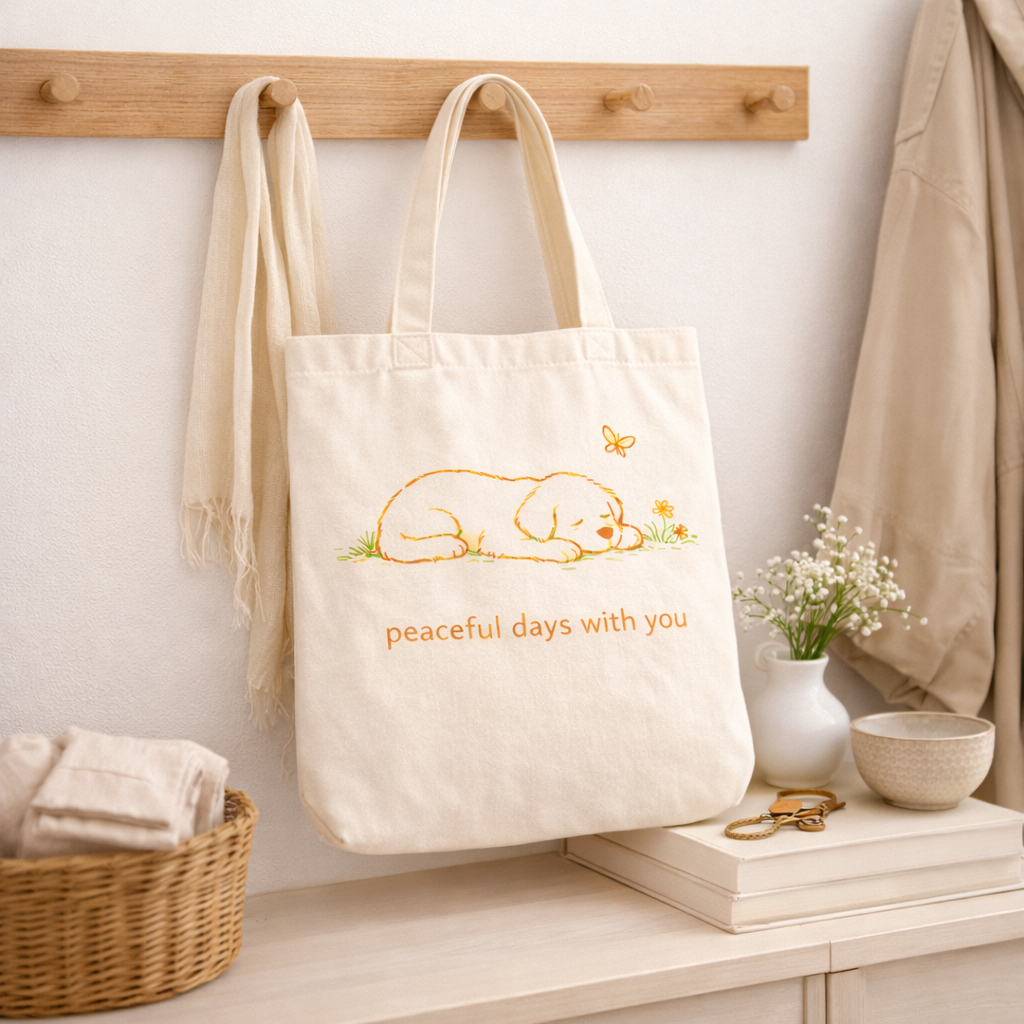 A Portrait-style Golden Retriever canvas bag hanging on a wooden wall hook in an entryway, next to a white scarf and flowers.