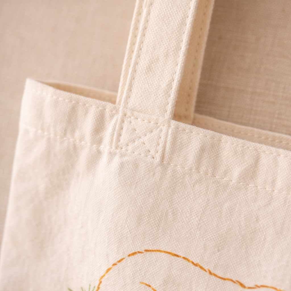 Close-up of the high-quality reinforced "X" stitching on the handle of the cotton canvas tote bag, showing durability and craftsmanship.