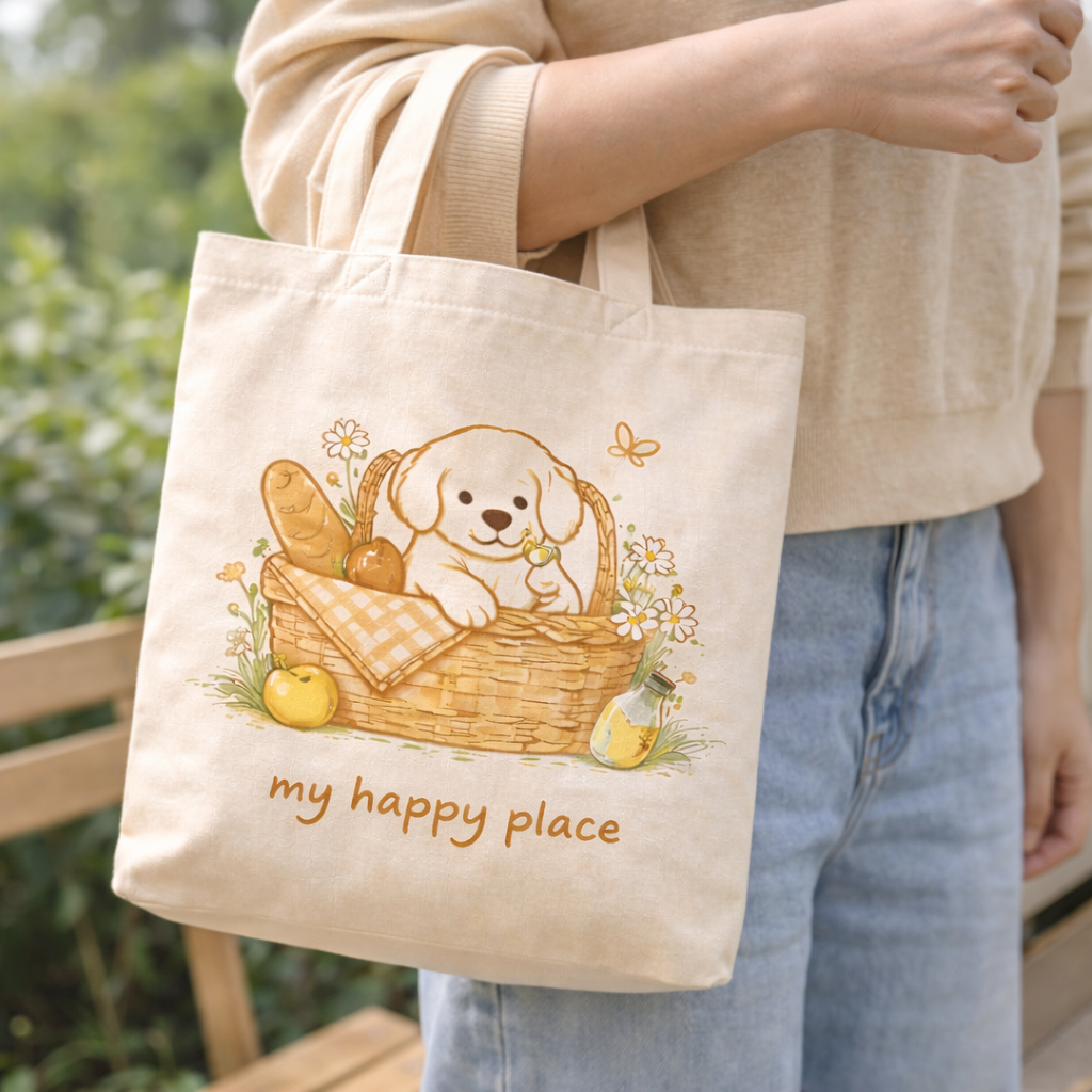 Close-up of a hand holding the sturdy cream handles of a puppy-themed canvas bag.