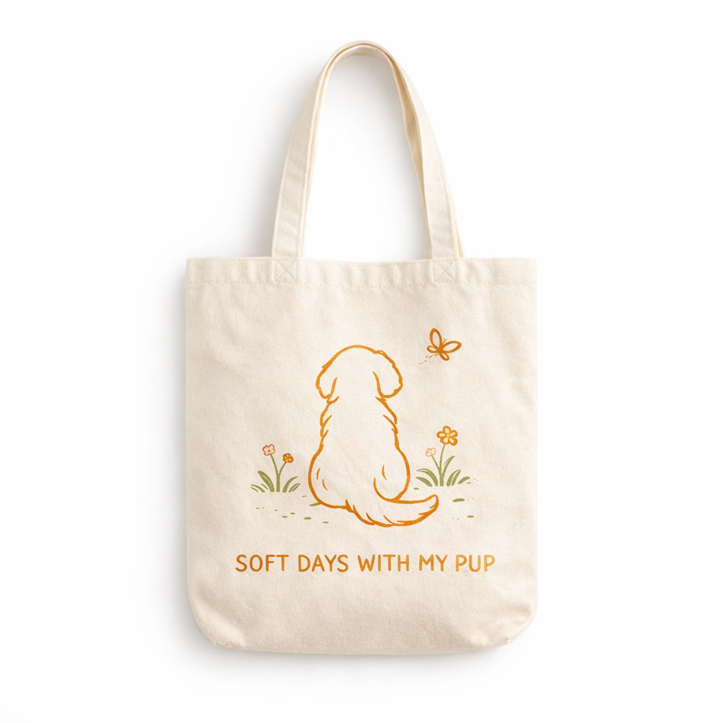 Custom dog tote bag with soft puppy illustration on natural canvas for dog lovers.