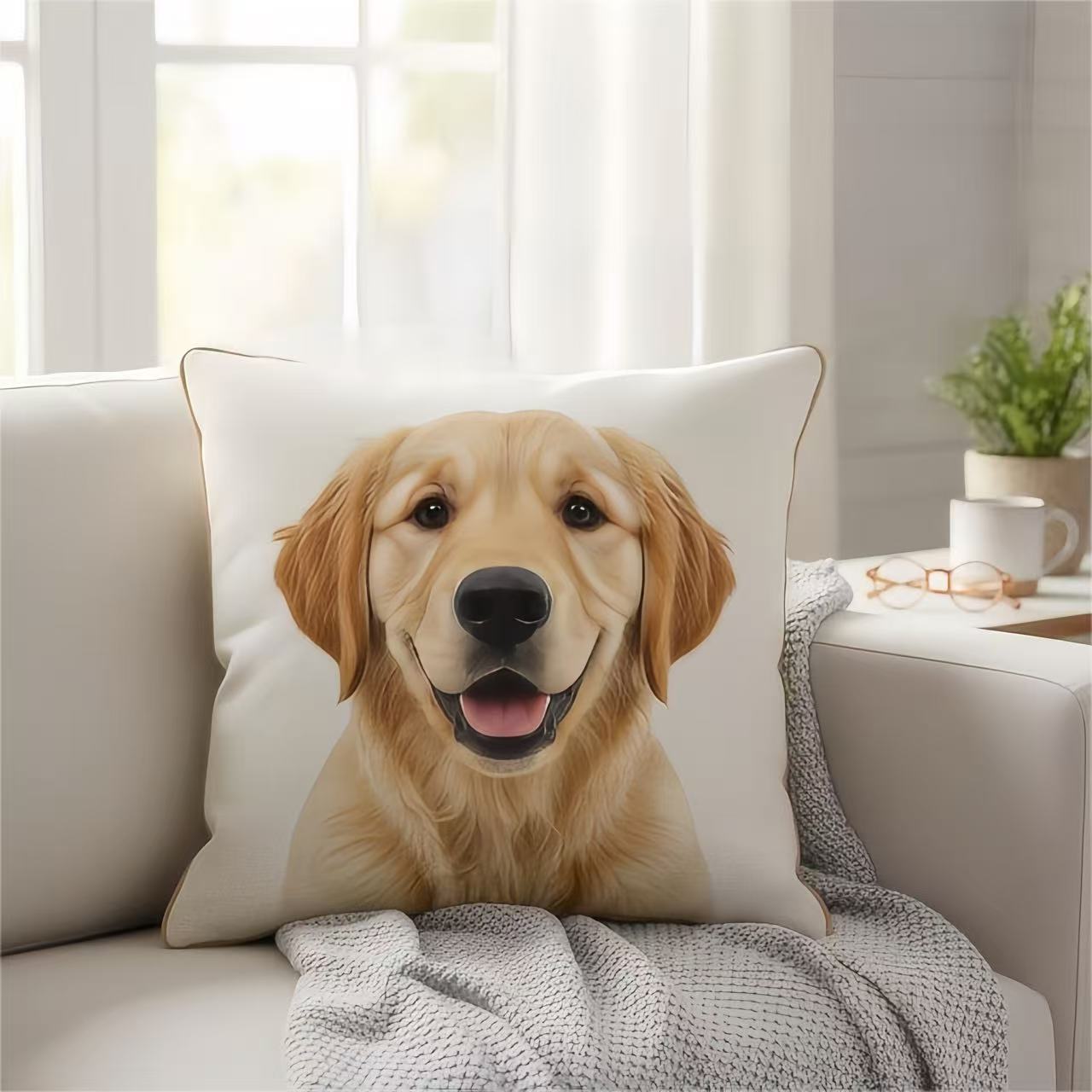 A custom pet photo pillow featuring a happy Golden Retriever puppy named Buddy, displayed on a cozy sofa.