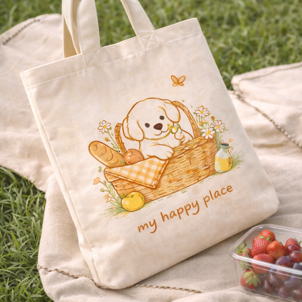 'My Happy Place' puppy tote bag lying on a picnic blanket in the grass with strawberries.
