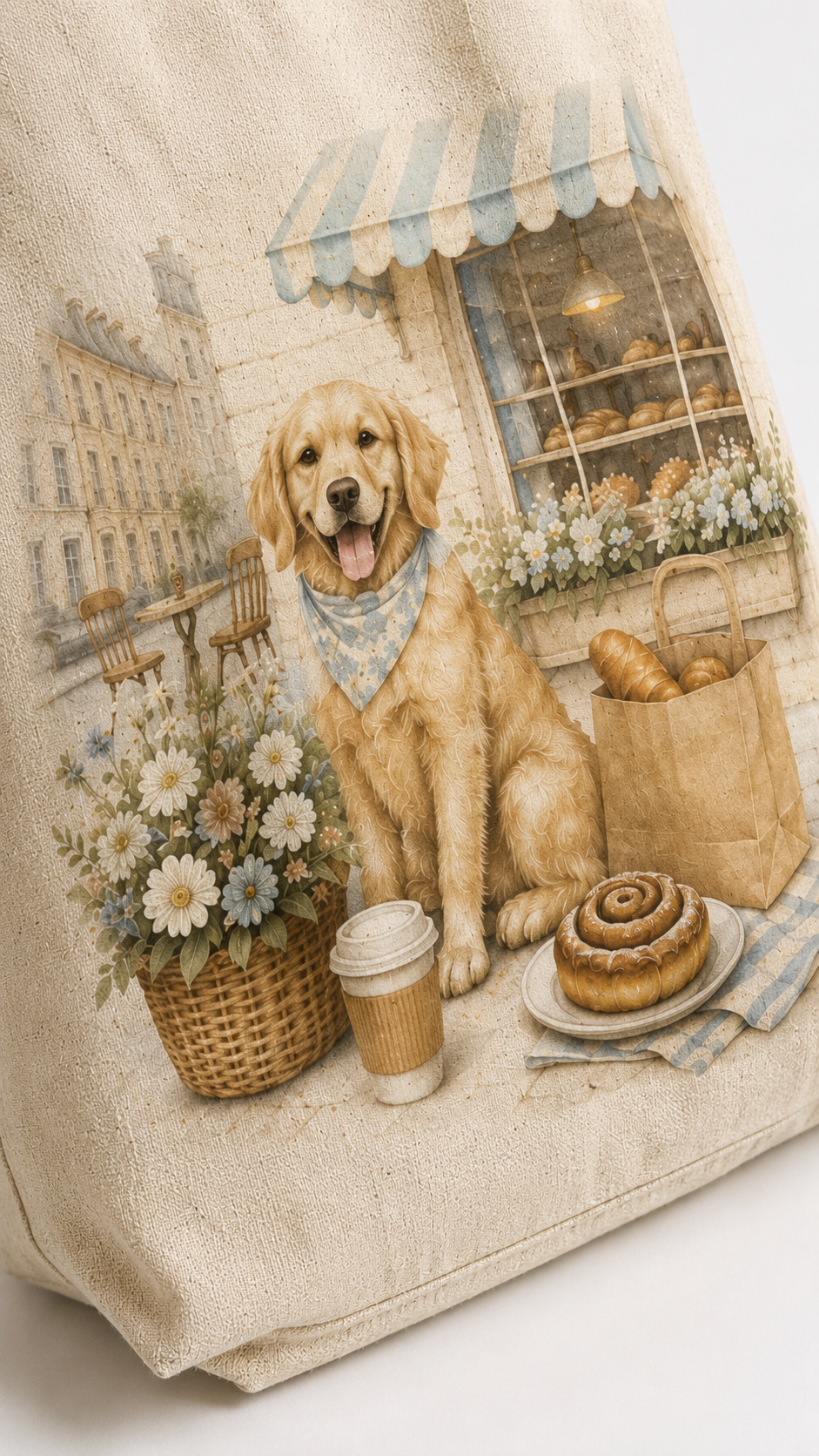 Sunday Bakery Walk Golden Retriever Tote Bag