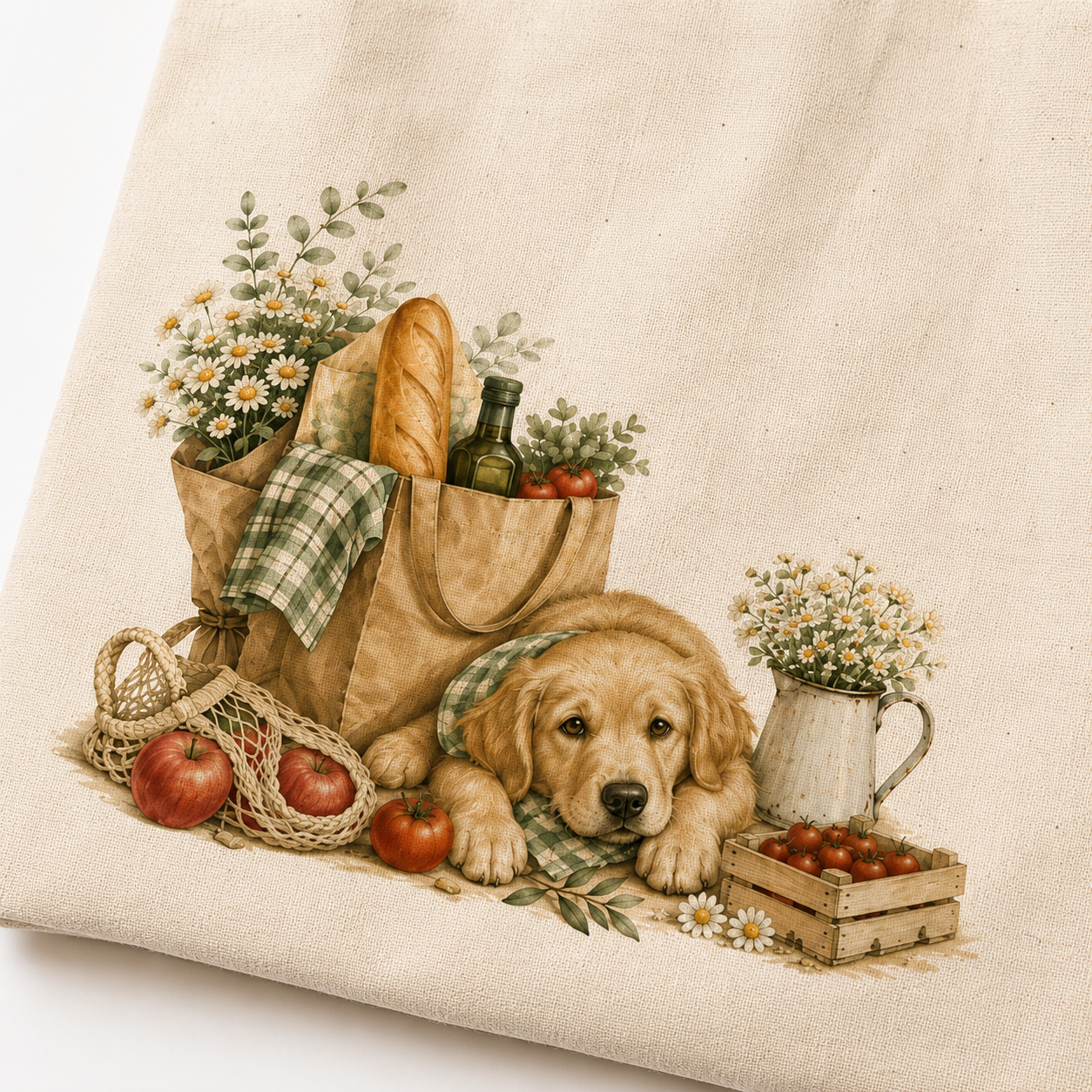 Close up of Golden Retriever Market Day artwork featuring fresh flowers bread apples and a resting golden retriever puppy