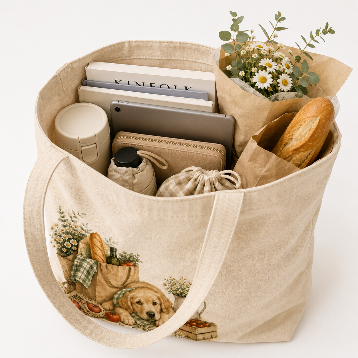 Golden Retriever Market Day tote bag showcasing detailed market-inspired artwork with flowers bread and puppy illustration