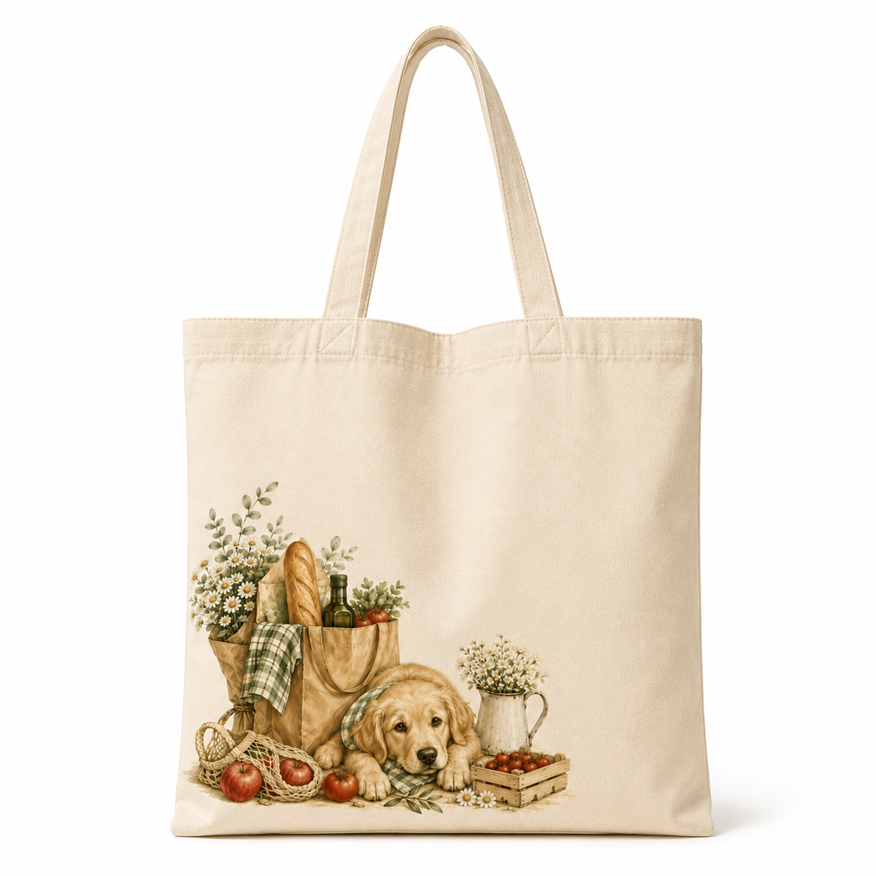 Golden Retriever Market Day canvas tote bag front view featuring a cozy floral market illustration with a golden retriever puppy