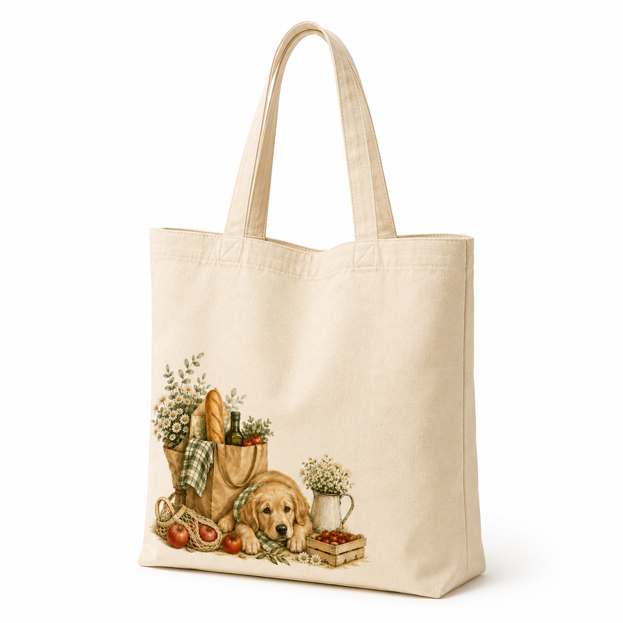 Woman carrying Golden Retriever Market Day canvas tote bag in a soft minimalist lifestyle setting