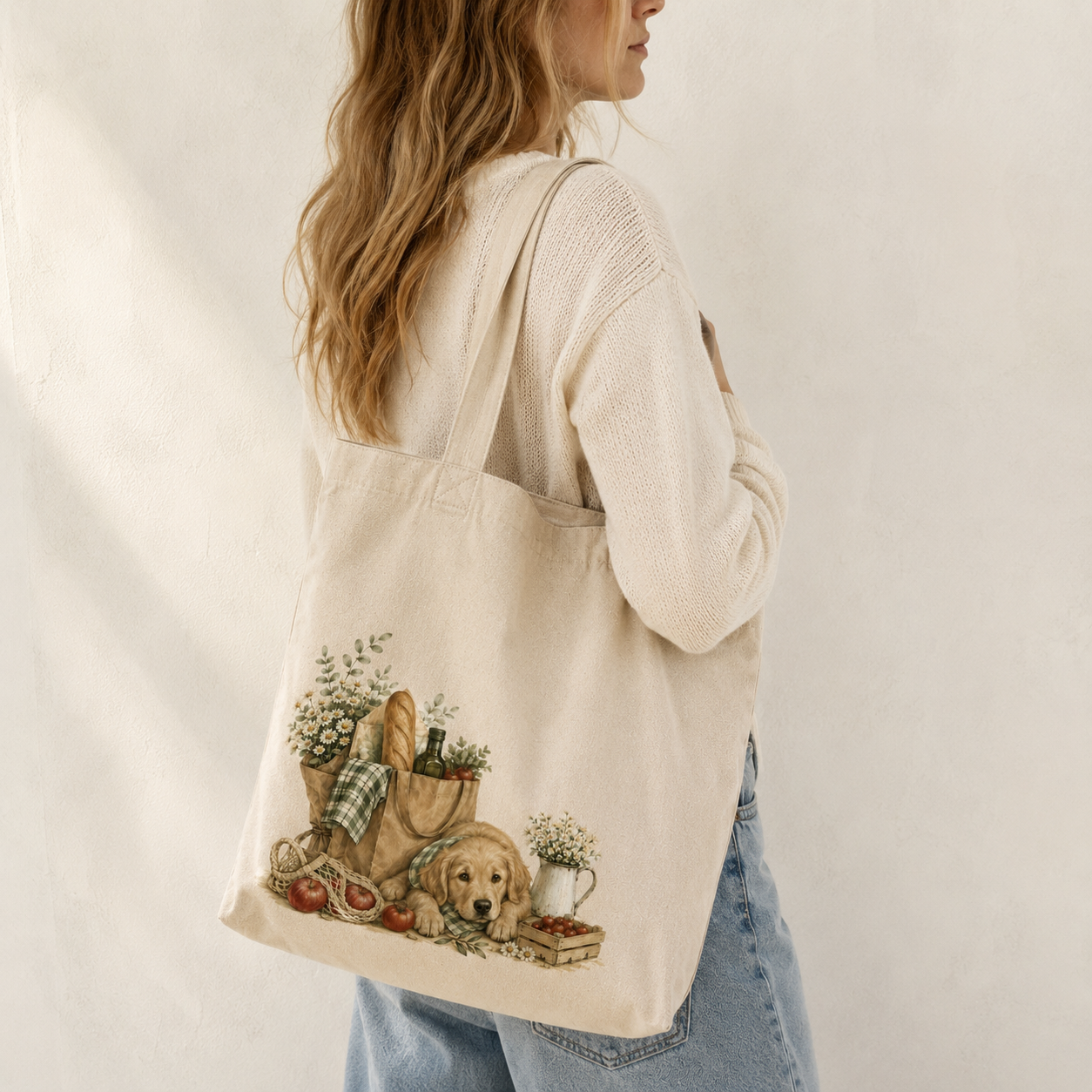 Large capacity Golden Retriever canvas tote bag holding books tablet water bottle flowers and daily essentials