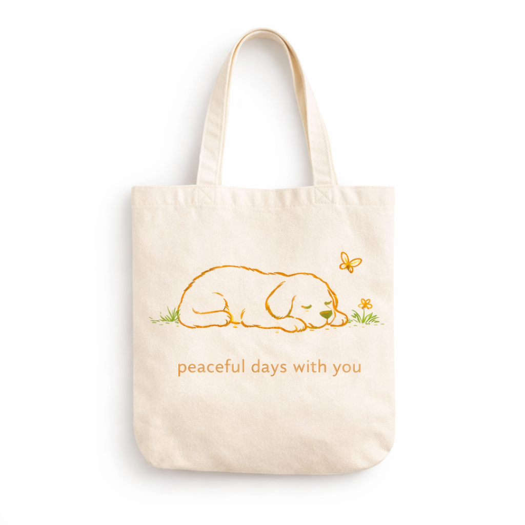 Front view of the Portrait-size canvas tote bag featuring a sleeping puppy and the text 'peaceful days with you' on a clean white background.
