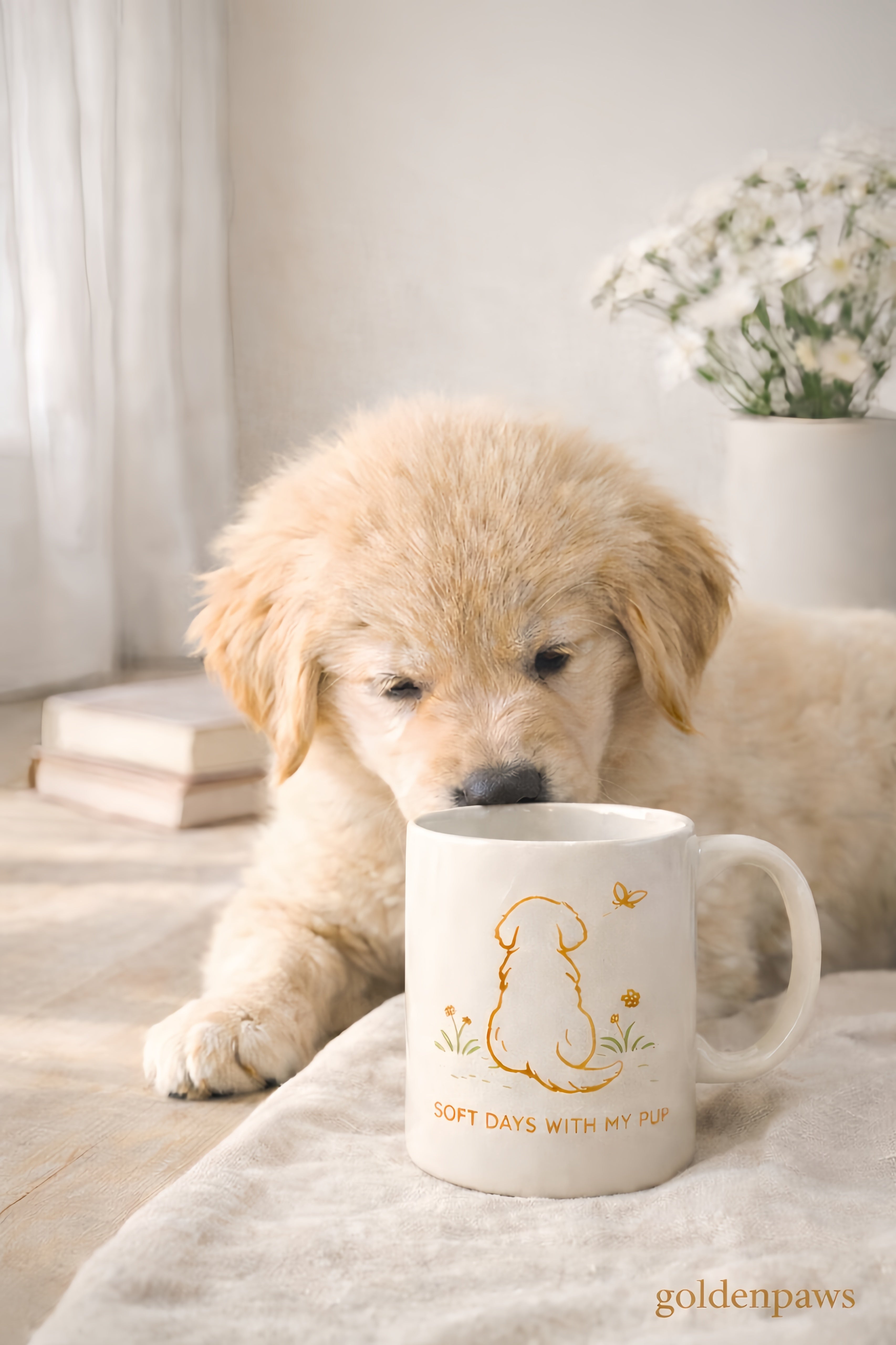 Golden retriever puppy resting next to a ceramic mug with a soft morning dog illustration in a cozy home setting