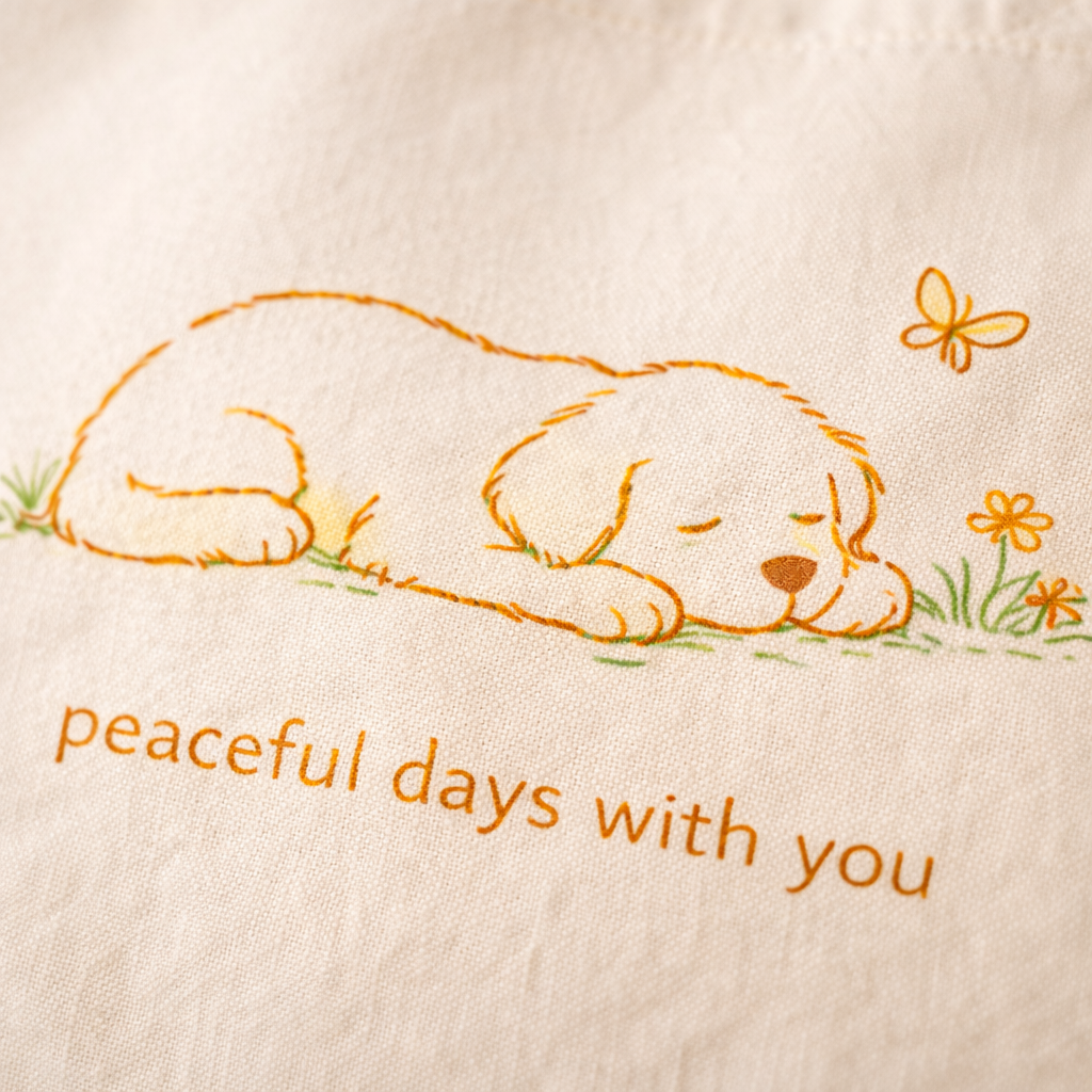Macro shot of the artwork on the bag, showing the fine lines of the sleeping Golden Retriever puppy illustration and the 'peaceful days with you' typography.