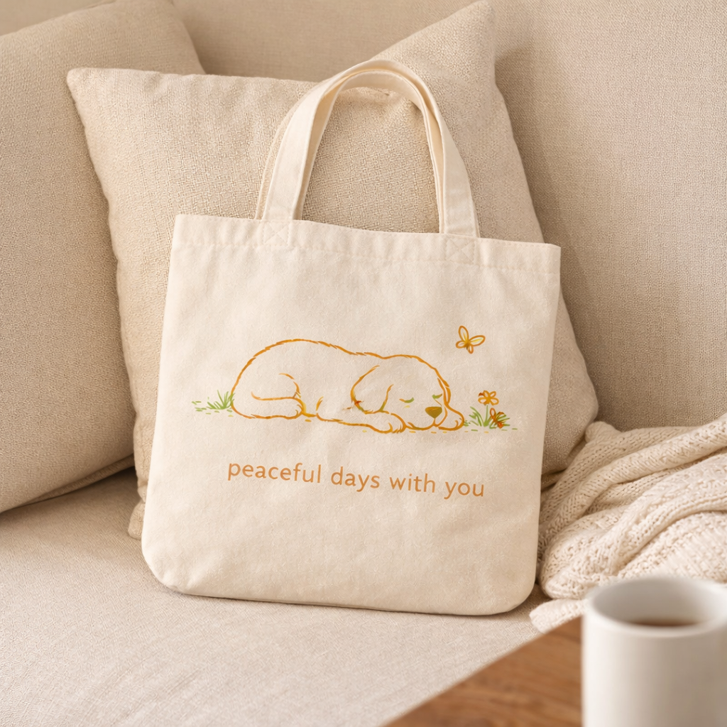 The "Peaceful Days" Golden Retriever tote bag resting against a beige sofa cushion, highlighting its minimalist and aesthetic home-style appeal.
