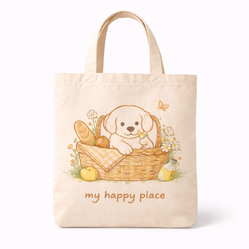 Front view of the 'My Happy Place' dog illustration tote bag on a clean white background.