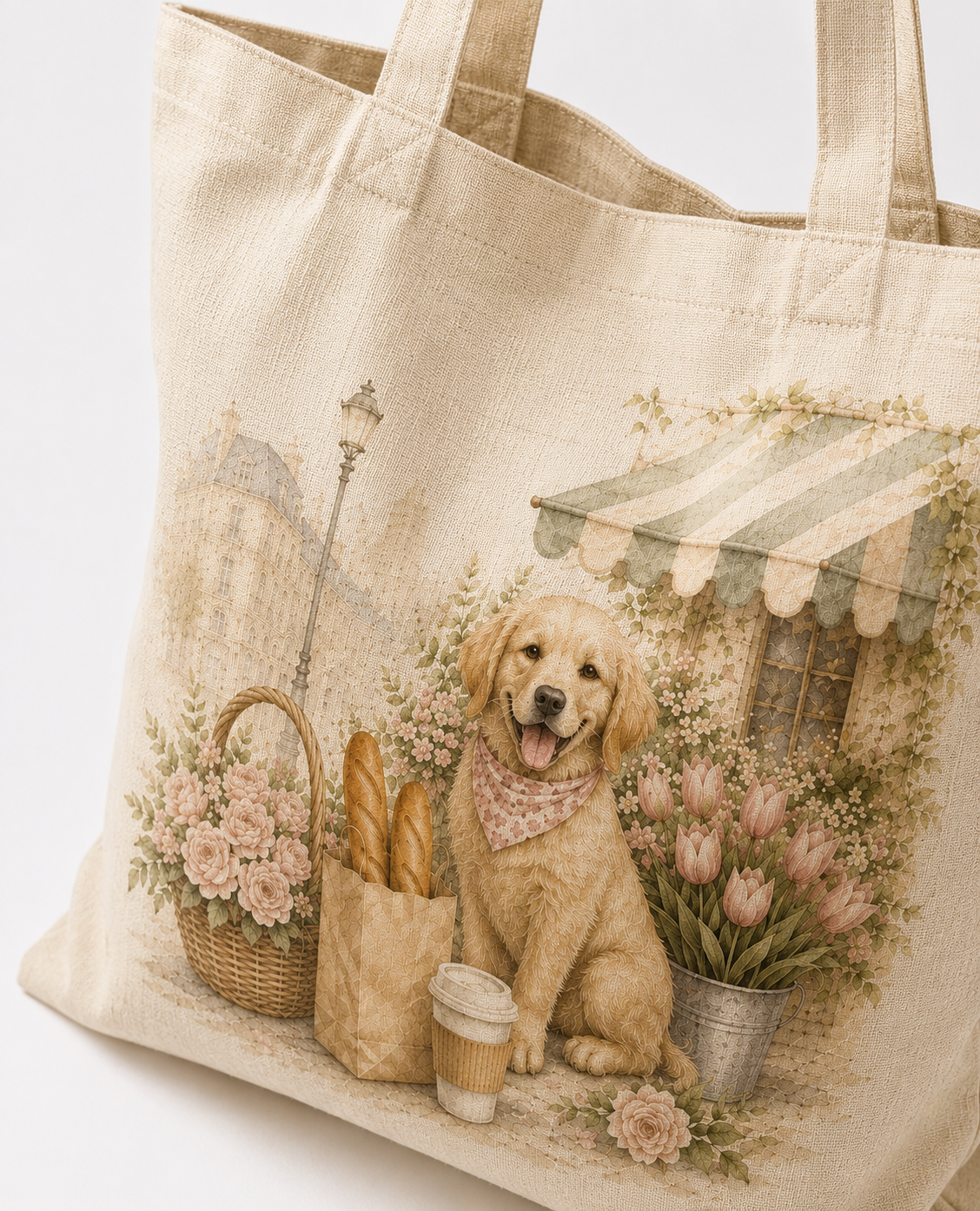 Paris Morning Market Golden Retriever Canvas Tote Bag
