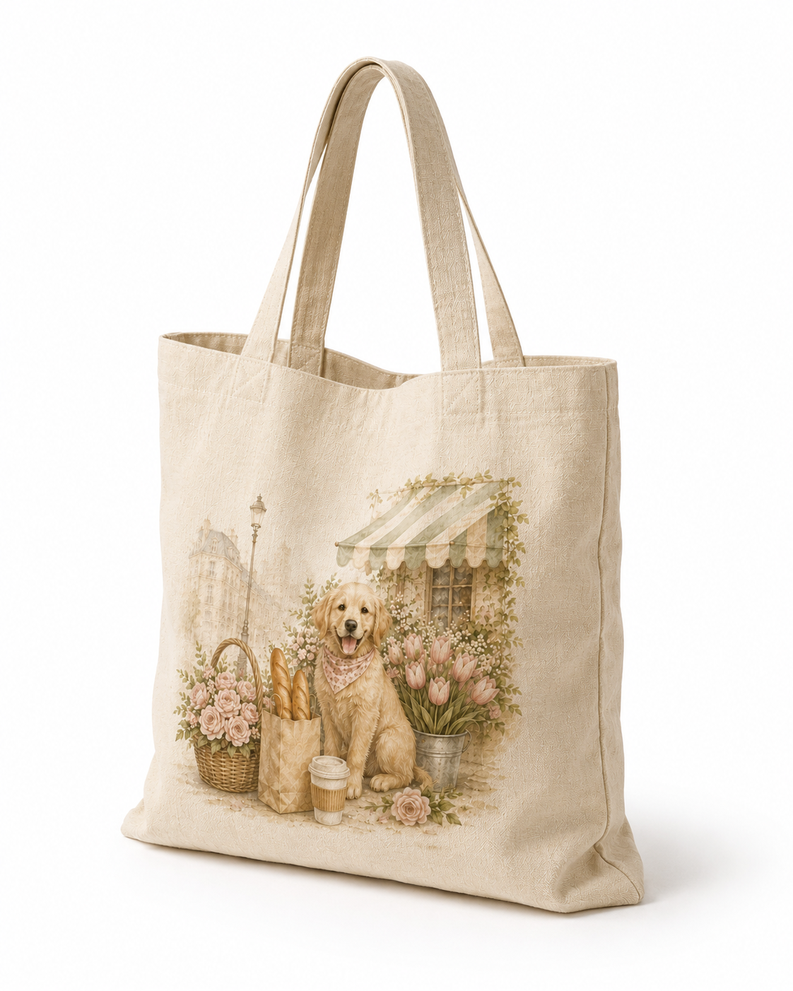Paris Morning Market Golden Retriever Canvas Tote Bag