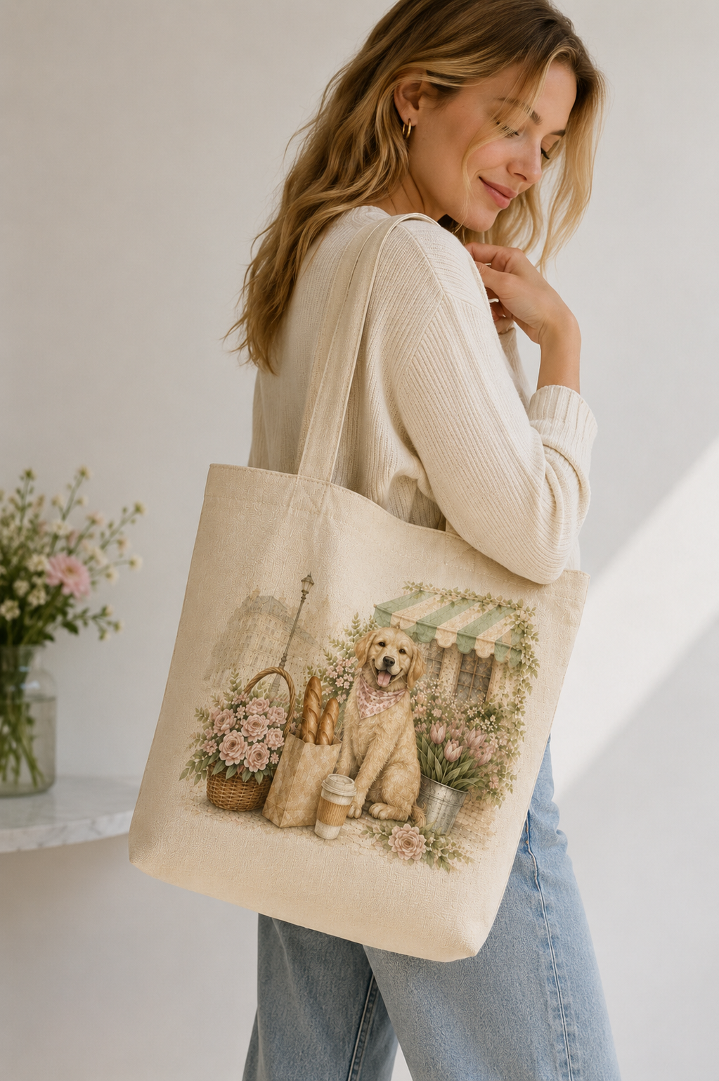 Paris Morning Market Golden Retriever Canvas Tote Bag
