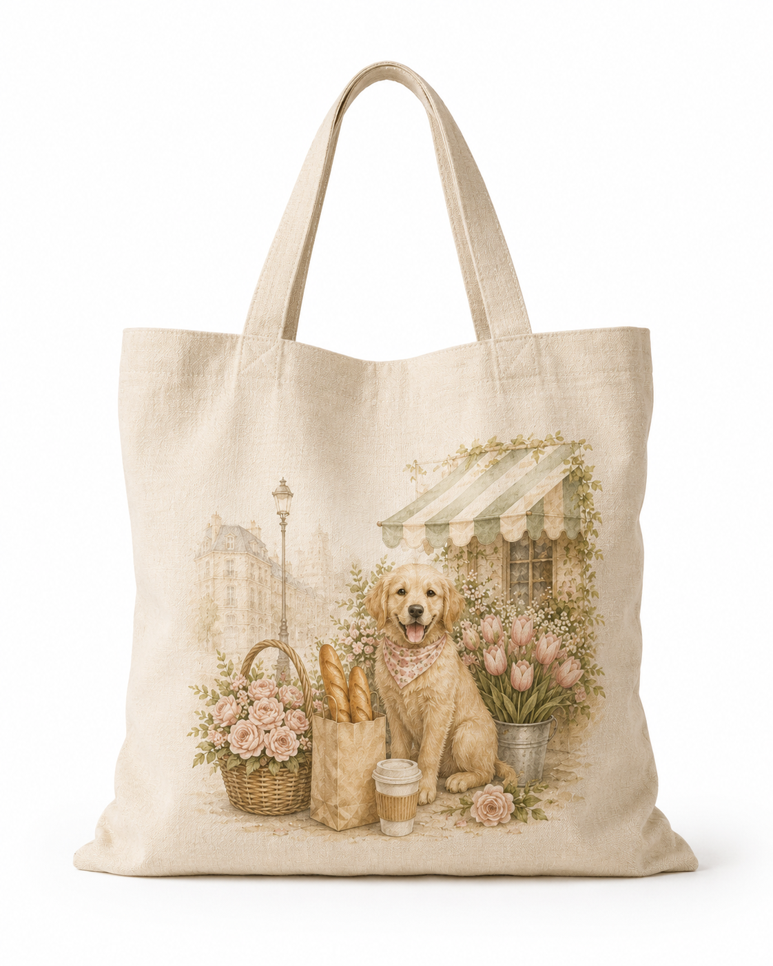Paris Morning Market Golden Retriever Canvas Tote Bag