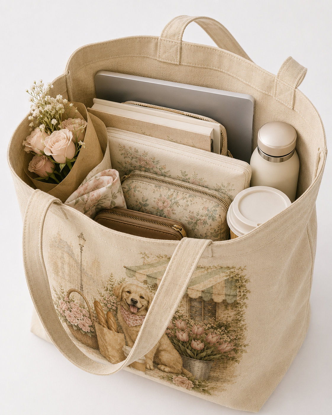 Paris Morning Market Golden Retriever Canvas Tote Bag