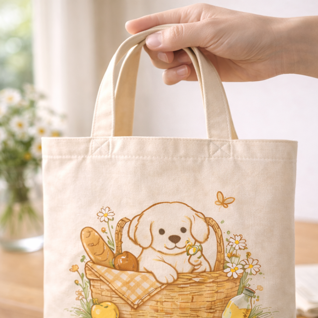 Aesthetic puppy picnic canvas tote bag on a wooden desk next to a vase of daisies.