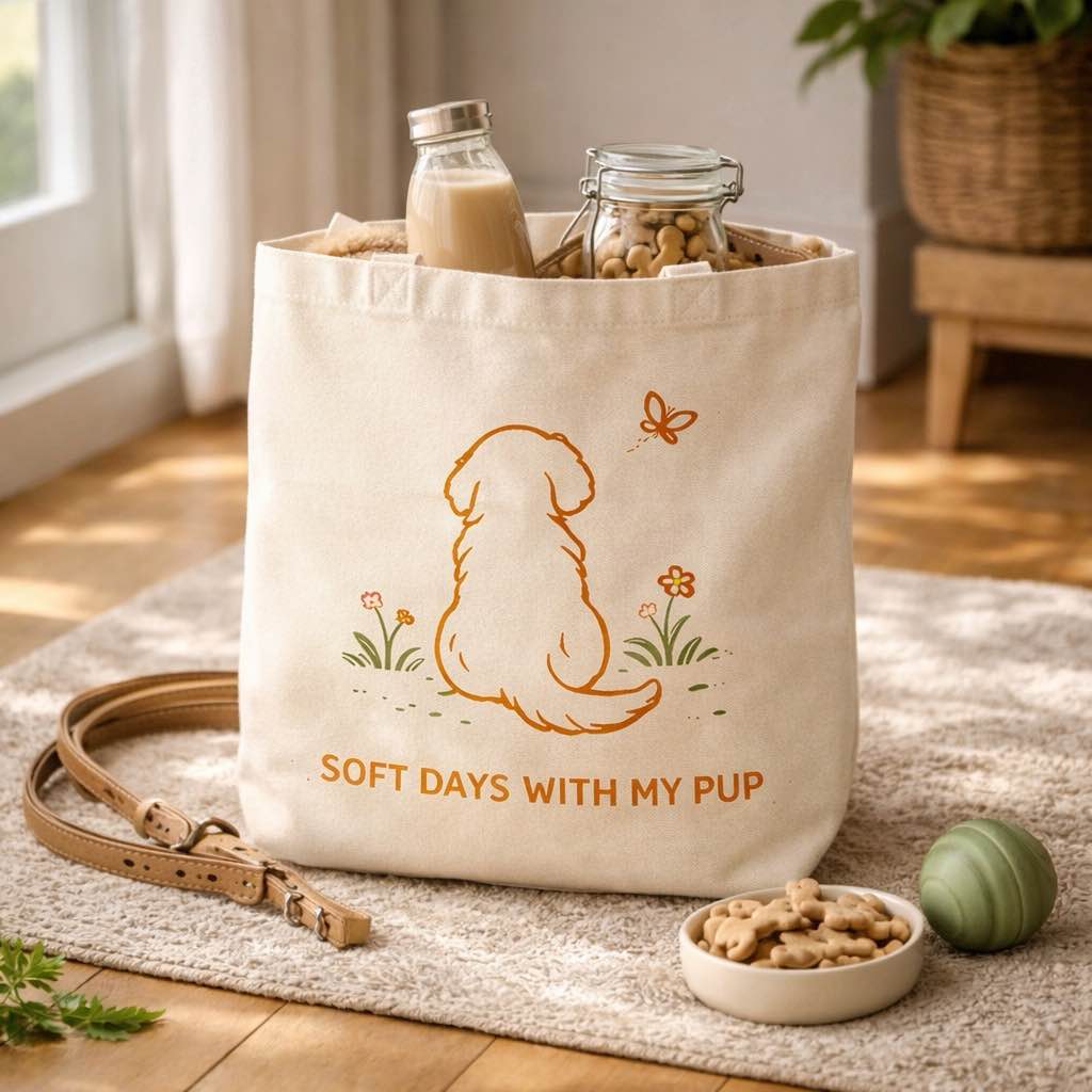 Reusable canvas tote bag with dog illustration showing spacious interior for daily use