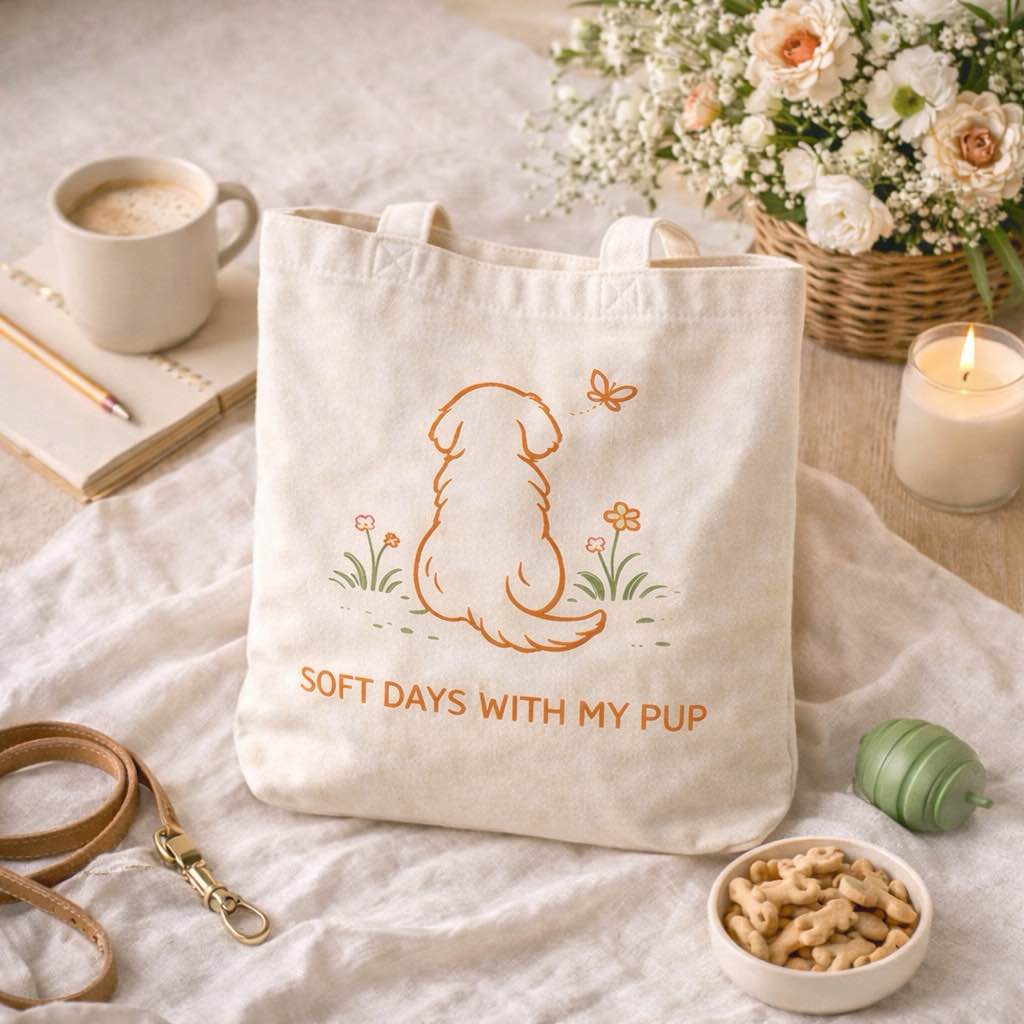 Canvas tote bag with dog illustration styled in a cozy home setting with coffee and flowers