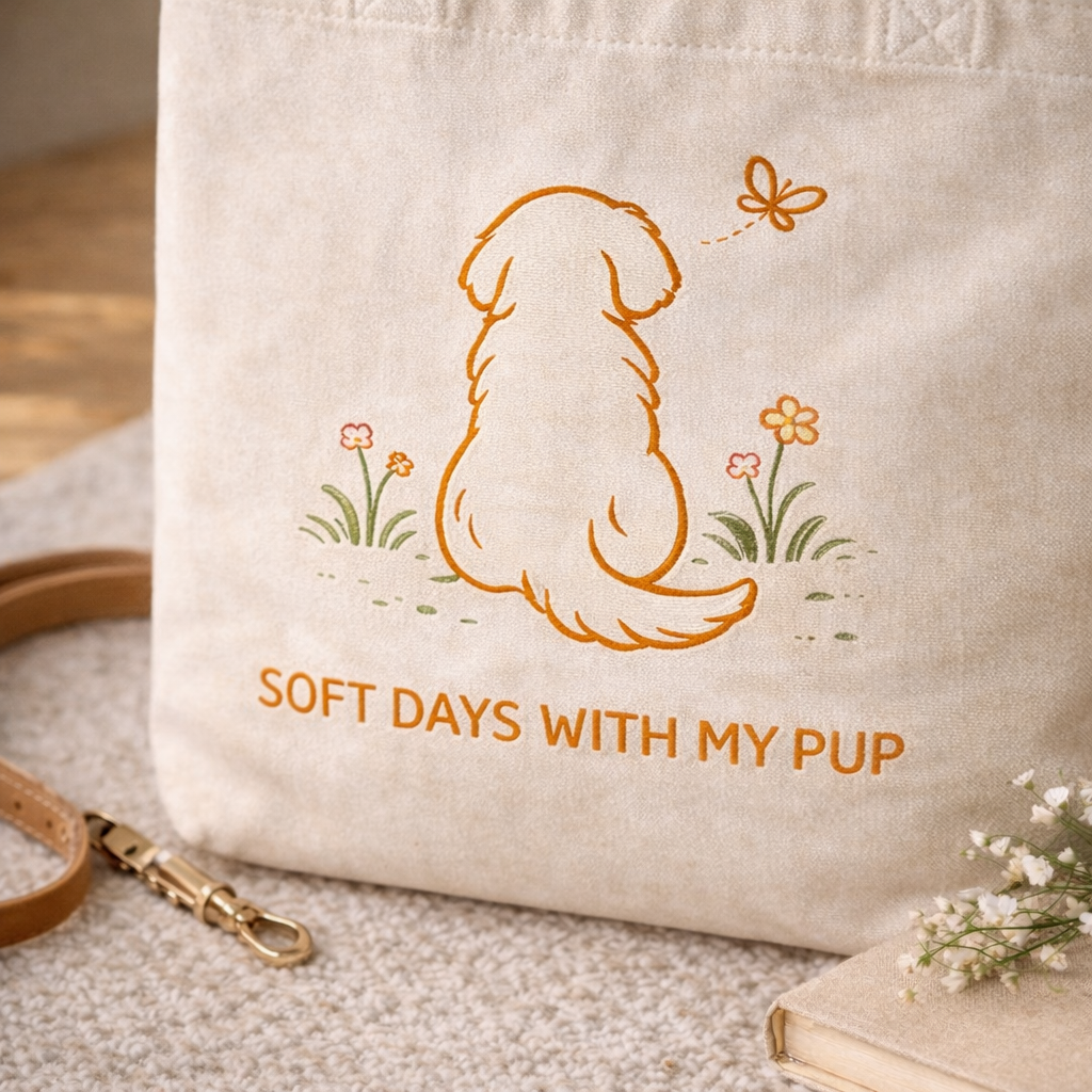 Close-up of canvas tote bag featuring a minimalist dog illustration and soft pastel design