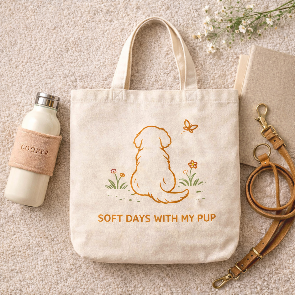 Flat lay of canvas dog tote bag with daily essentials for dog lovers
