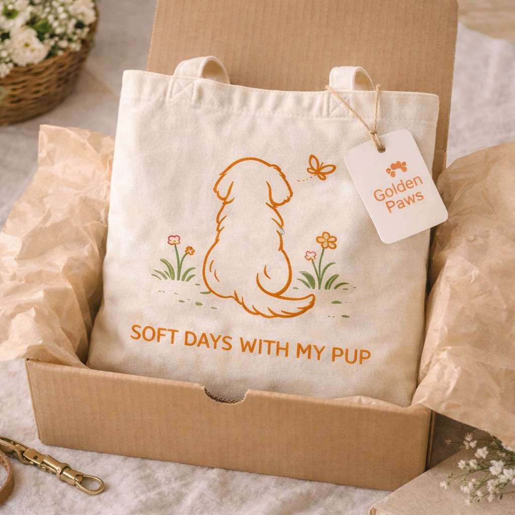 Canvas dog tote bag presented in gift box packaging, ideal as a gift for dog lovers