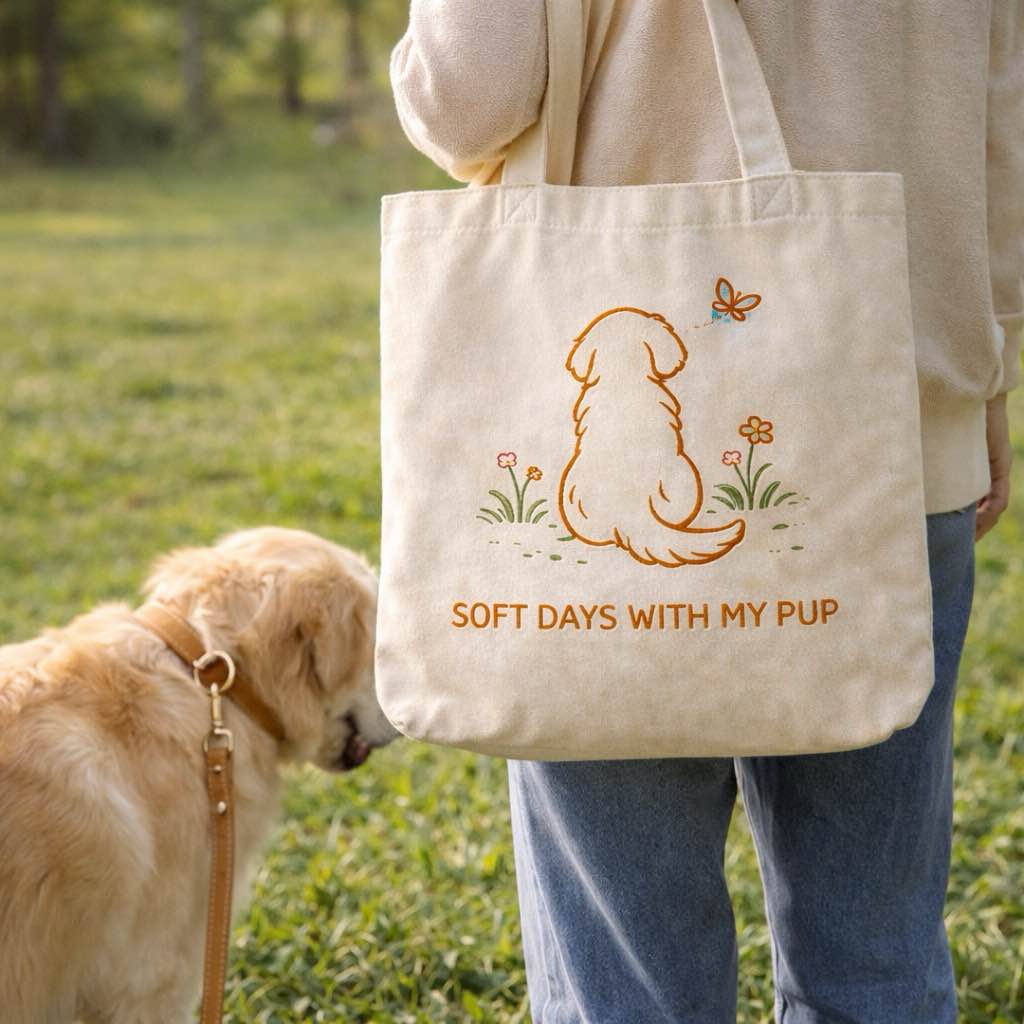 Canvas tote bag with a cute dog illustration carried during a walk with a dog outdoors