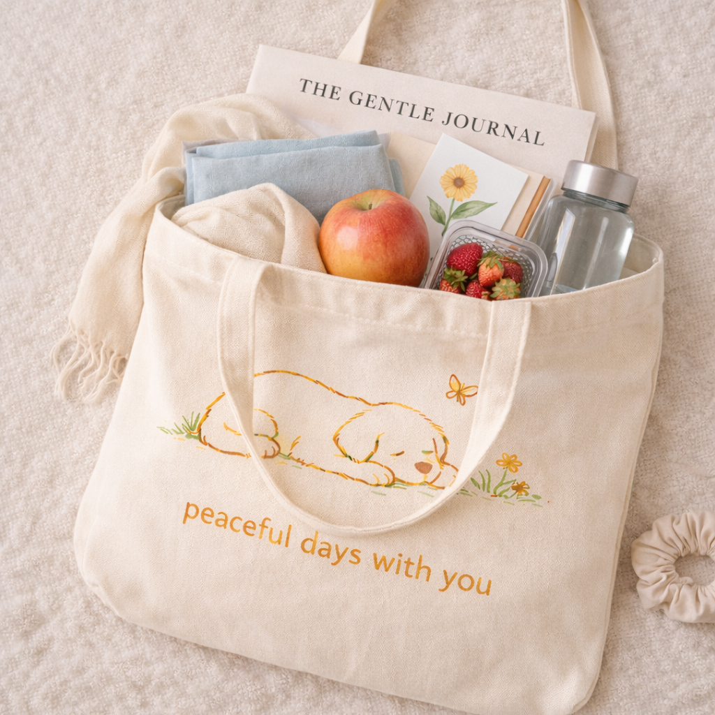 Top view of the landscape canvas tote bag filled with daily essentials including a journal, water bottle, apples, and snacks, demonstrating its large capacity.