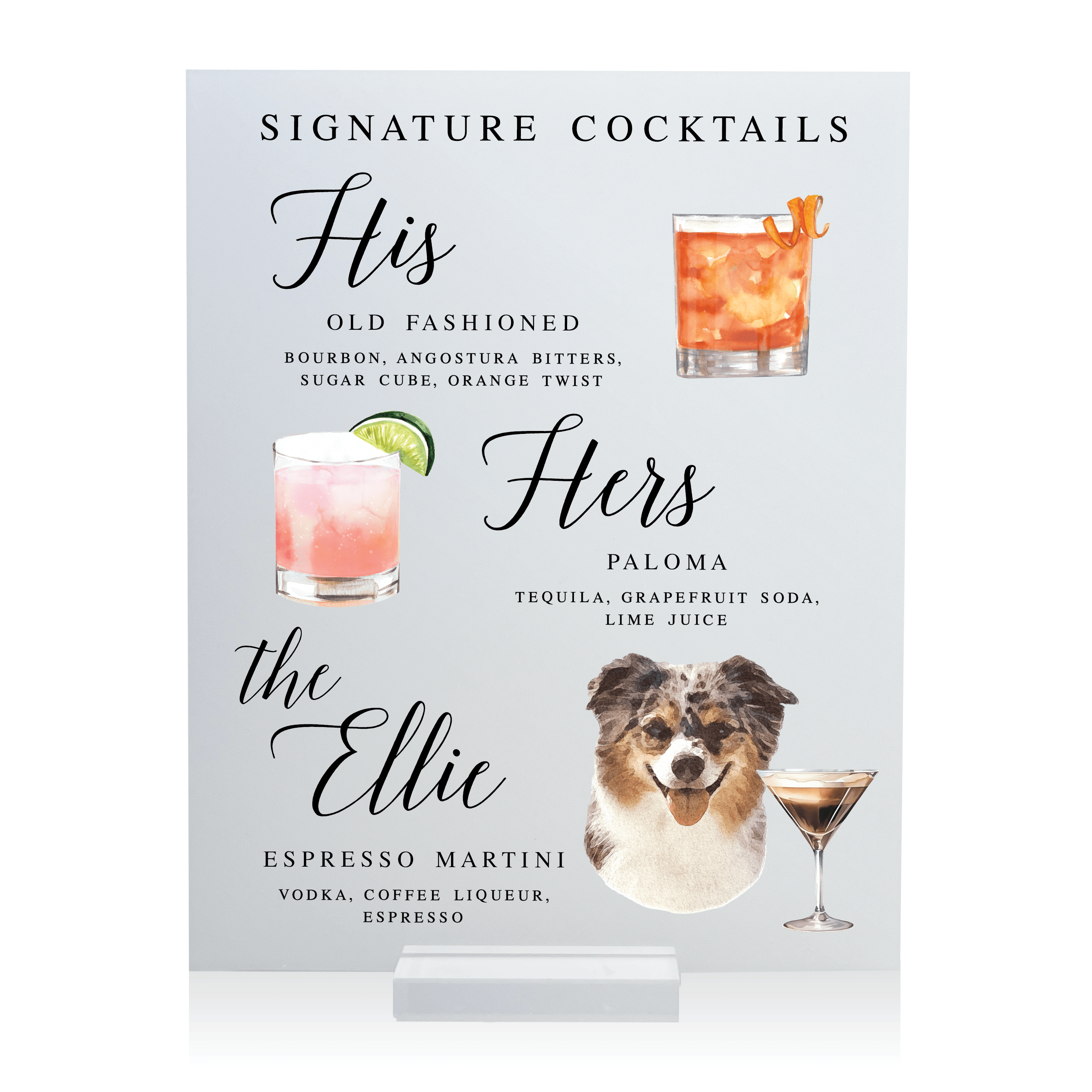 Acrylic Wedding Bar Menu Print -  His, Hers, & Pet